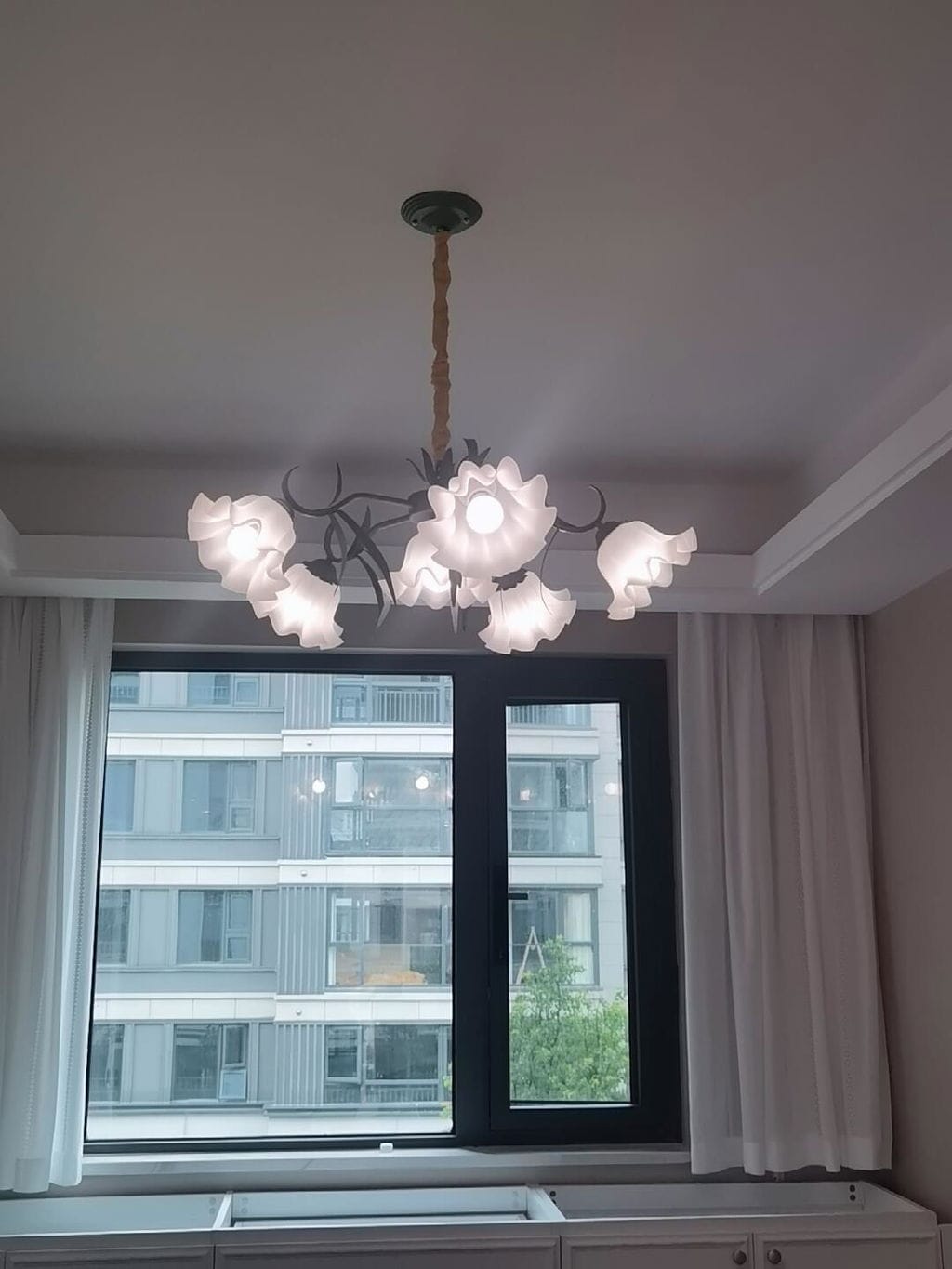 Customer photo review of Green Metal Bouquet Chandelier, White Shades, 32 cm Height