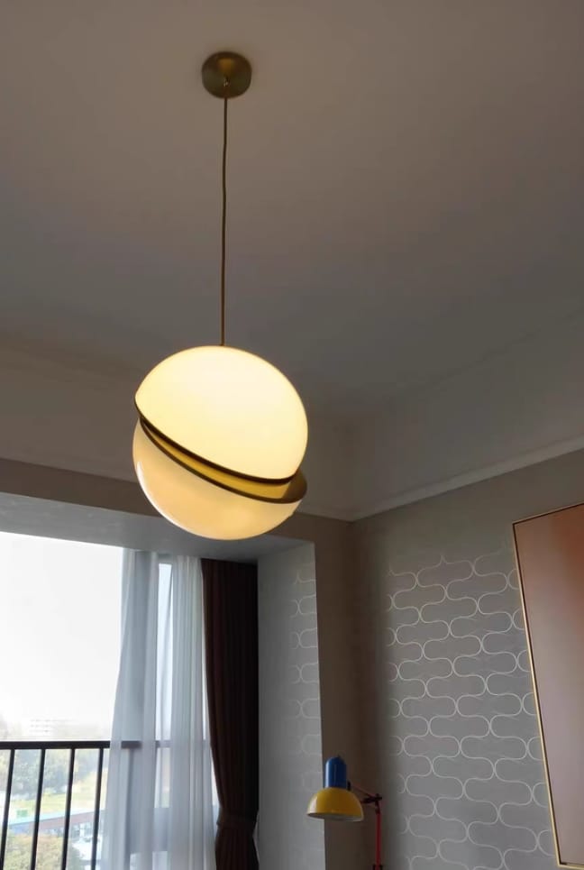 Customer photo review of Crescent Brass Pendant Light, Opal Acrylic Sphere, 20 to 40 cm