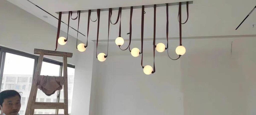 Customer photo review of Multiple Belt Art Pendant Light, Leather or Canvas Glass Globe Chandelier