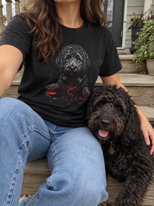 Customer photo review of Spin, Sit, Stay Red Mix Doodle T-Shirt