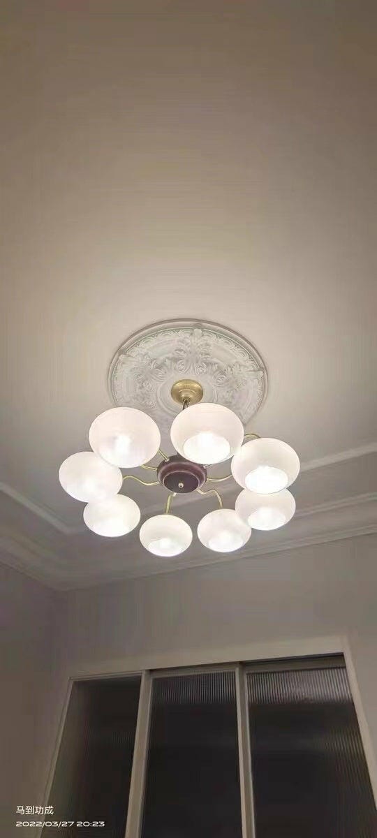 Customer photo review of Walnut Chandelier, Cream Glass Shades on Brass Arms, 3 to 6 Lights