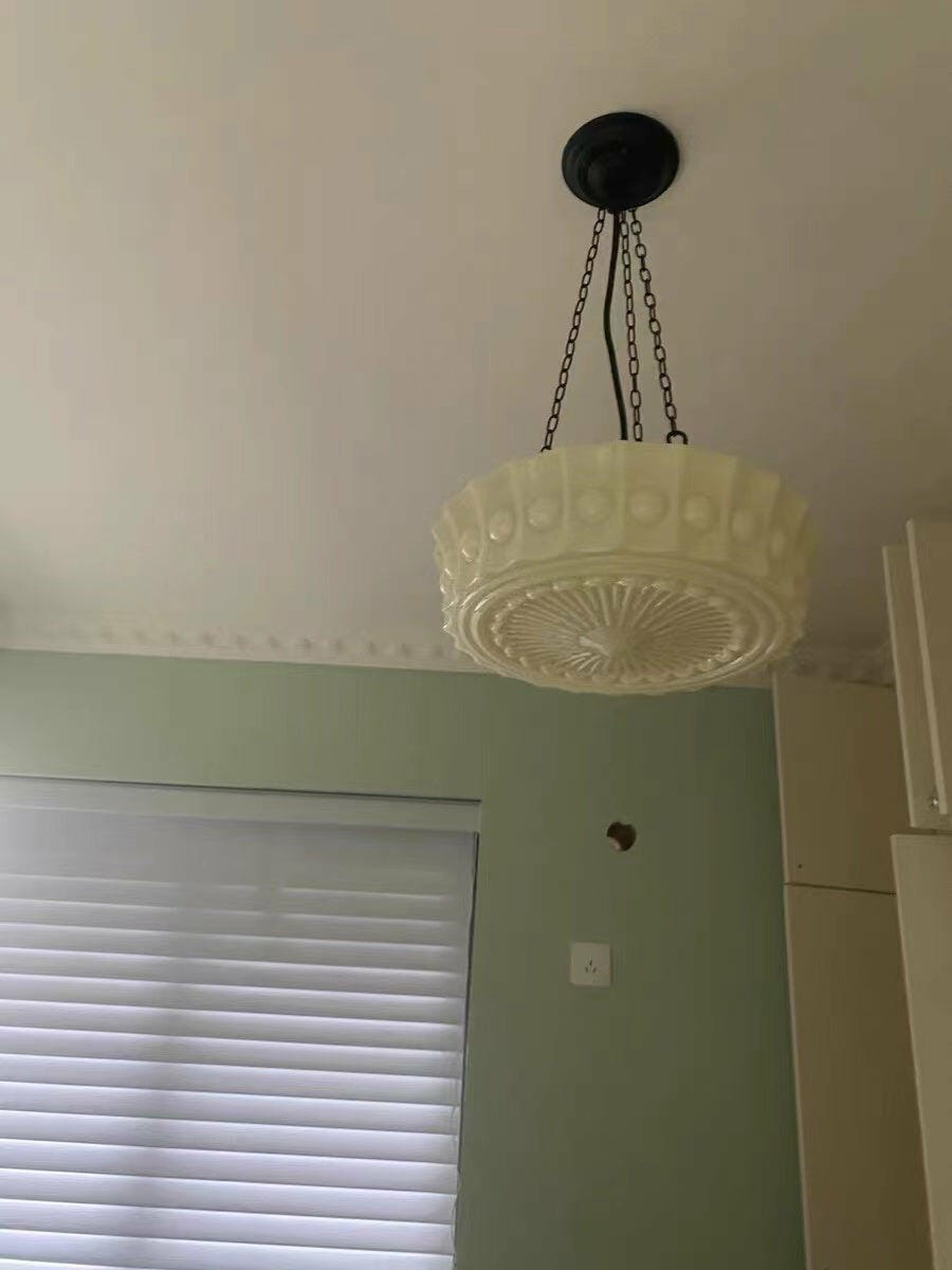 Customer photo review of Milk Glass Pendant Light, Moulded Drum Shade, 3 Chains, 36 cm