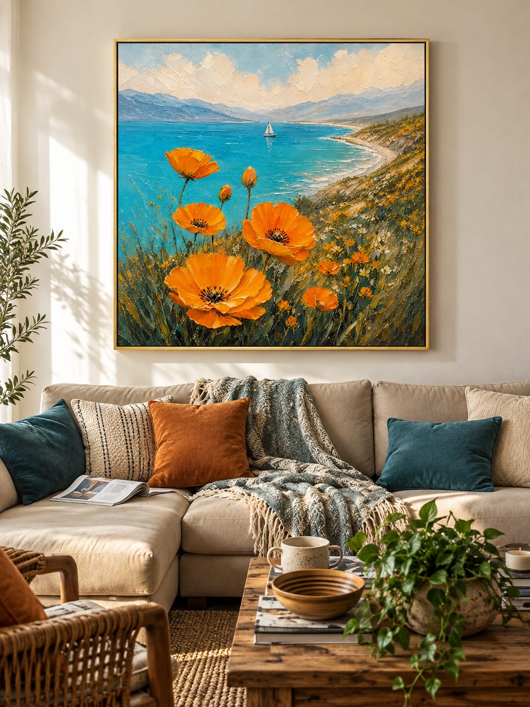 Customer photo review of "Coastal Orange Light" – Impressionist Orange Flowers and Turquoise Seascape Oil Painting