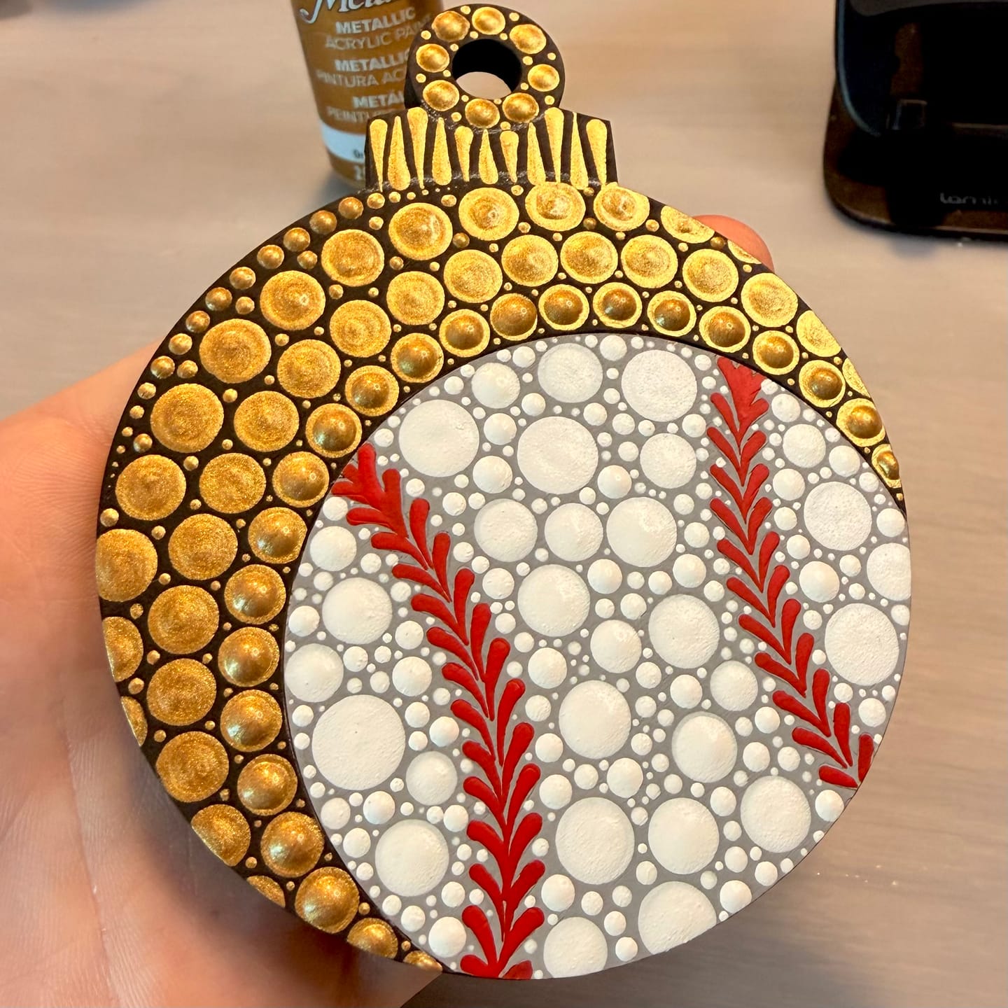 Customer photo review of Unfinished Wood Etched Baseball Ornament Shape | Paint By Line Crafts | up to 30" DIY
