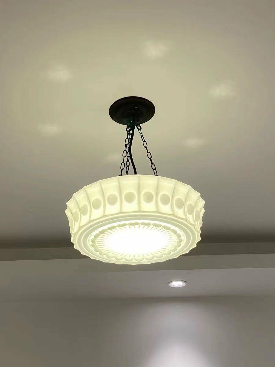 Customer photo review of Milk Glass Pendant Light, Moulded Drum Shade, 3 Chains, 36 cm