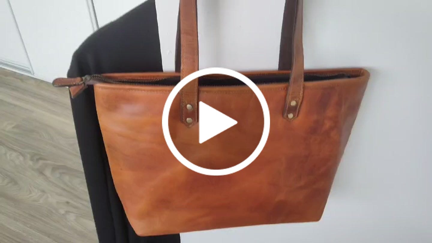 Customer video review of Classic Cognac Leather Tote Bag