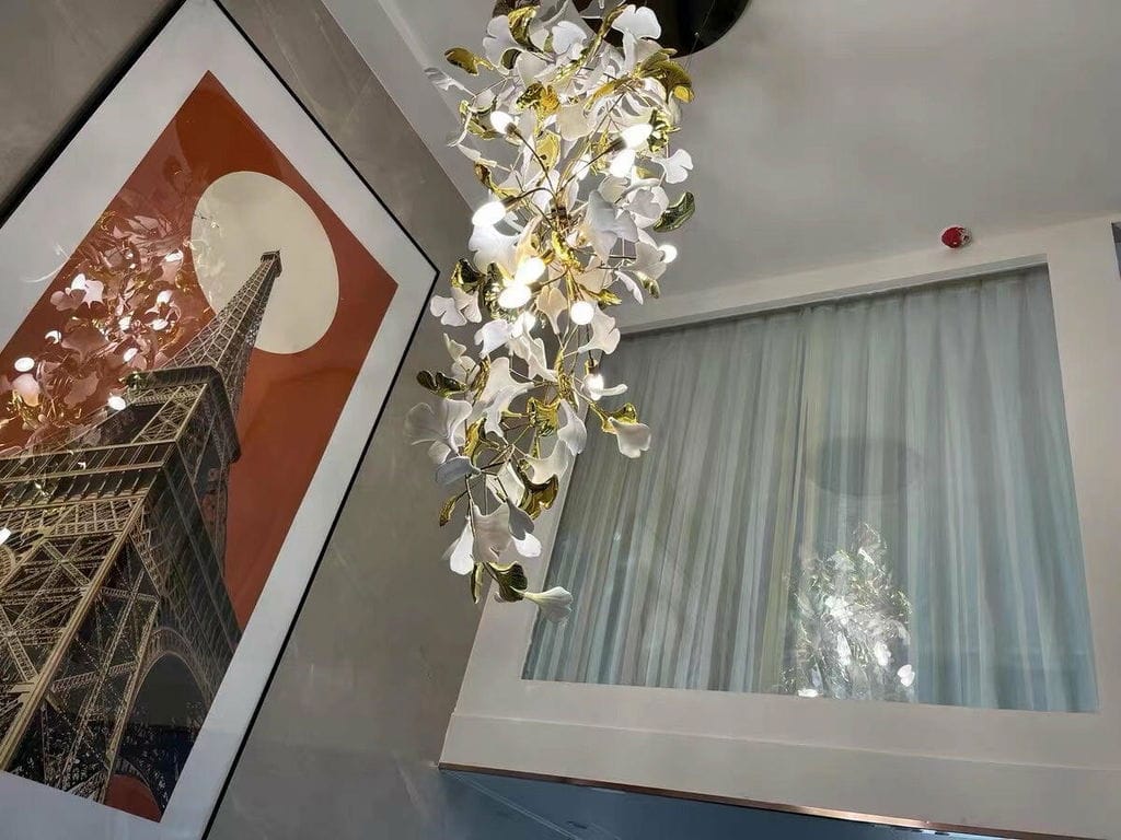 Customer photo review of Gingko Chandelier With Wrapped Porcelain Petals, Brass Column, 4 Sizes