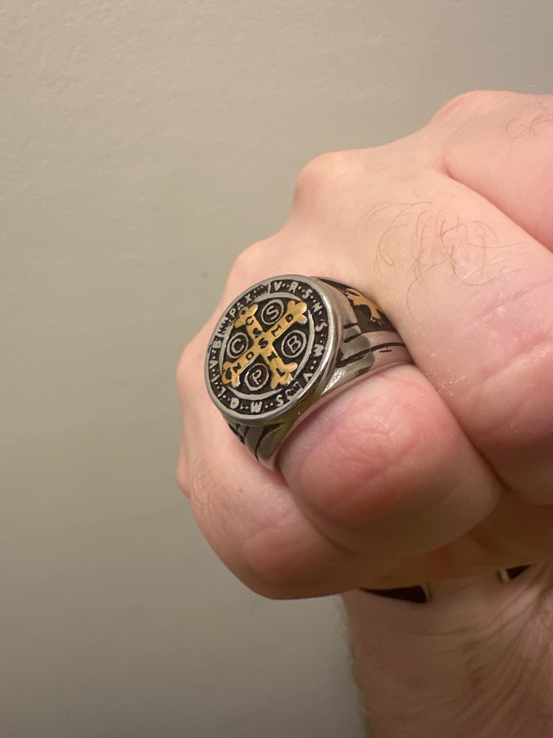 Customer photo review of FREE Today: St. Benedict the Protector Titanium Ring