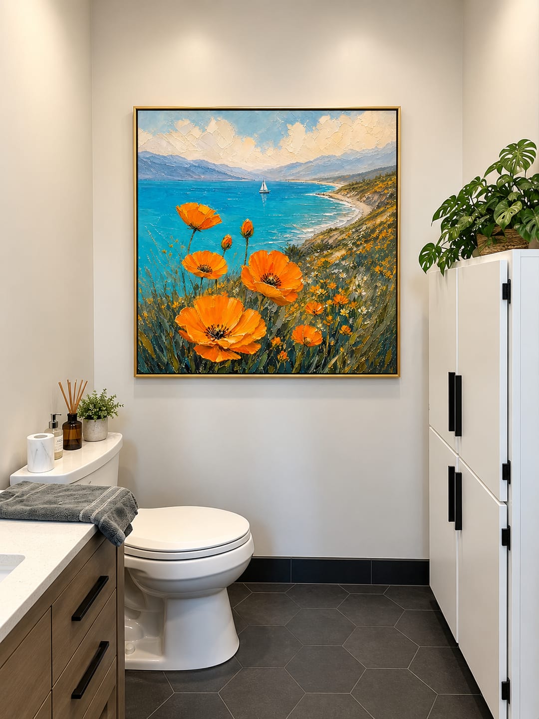 Customer photo review of "Coastal Orange Light" – Impressionist Orange Flowers and Turquoise Seascape Oil Painting