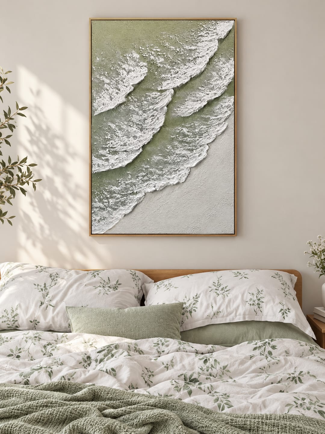 Customer photo review of "Romantic Tides"—A Minimalist Coastal Acrylic Painting with Sage Green Textured Waves