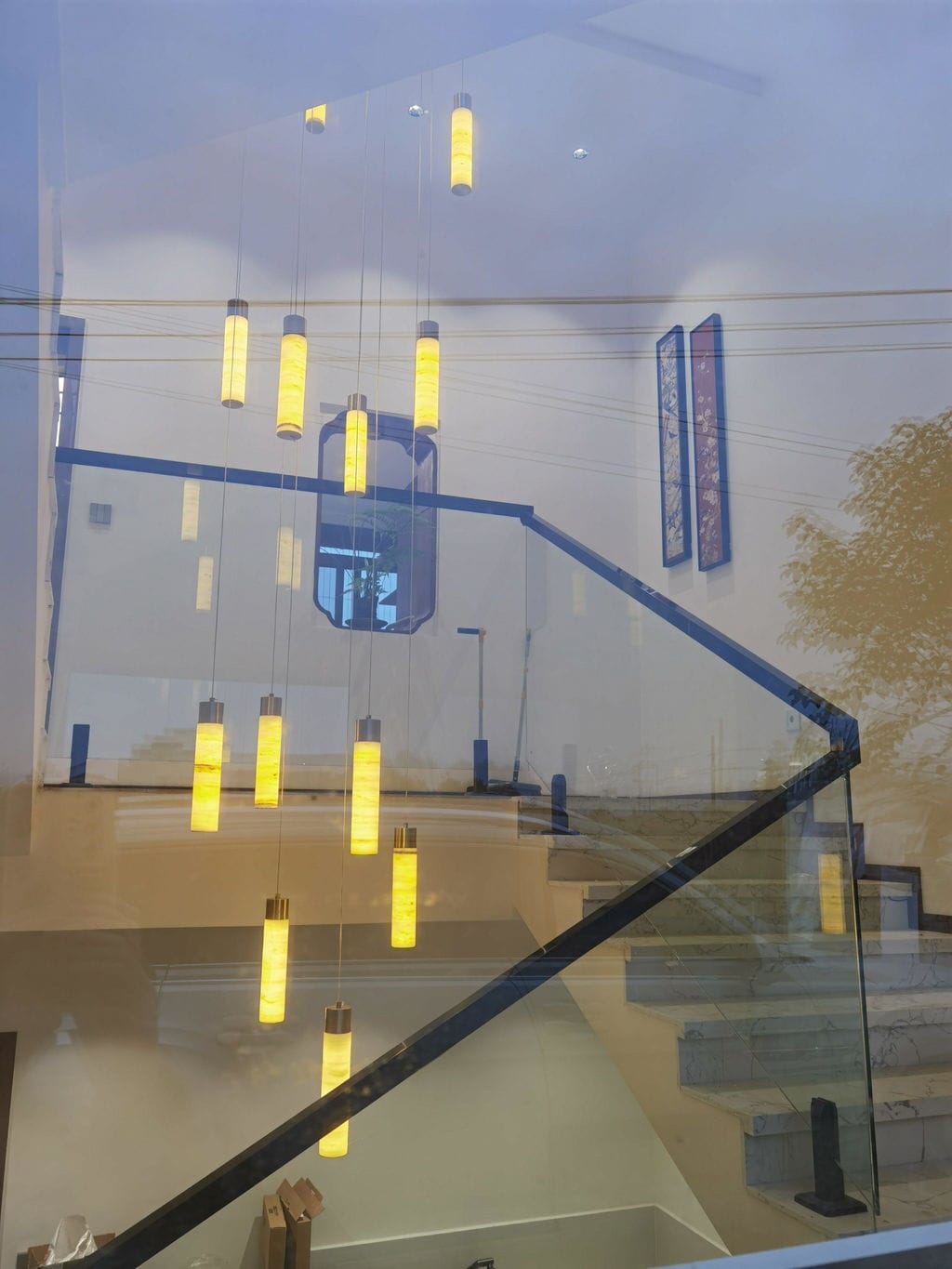 Customer photo review of Alabaster Rod Chandelier, Brass Frame, Celestial Cascade Design, 5-32 Lights