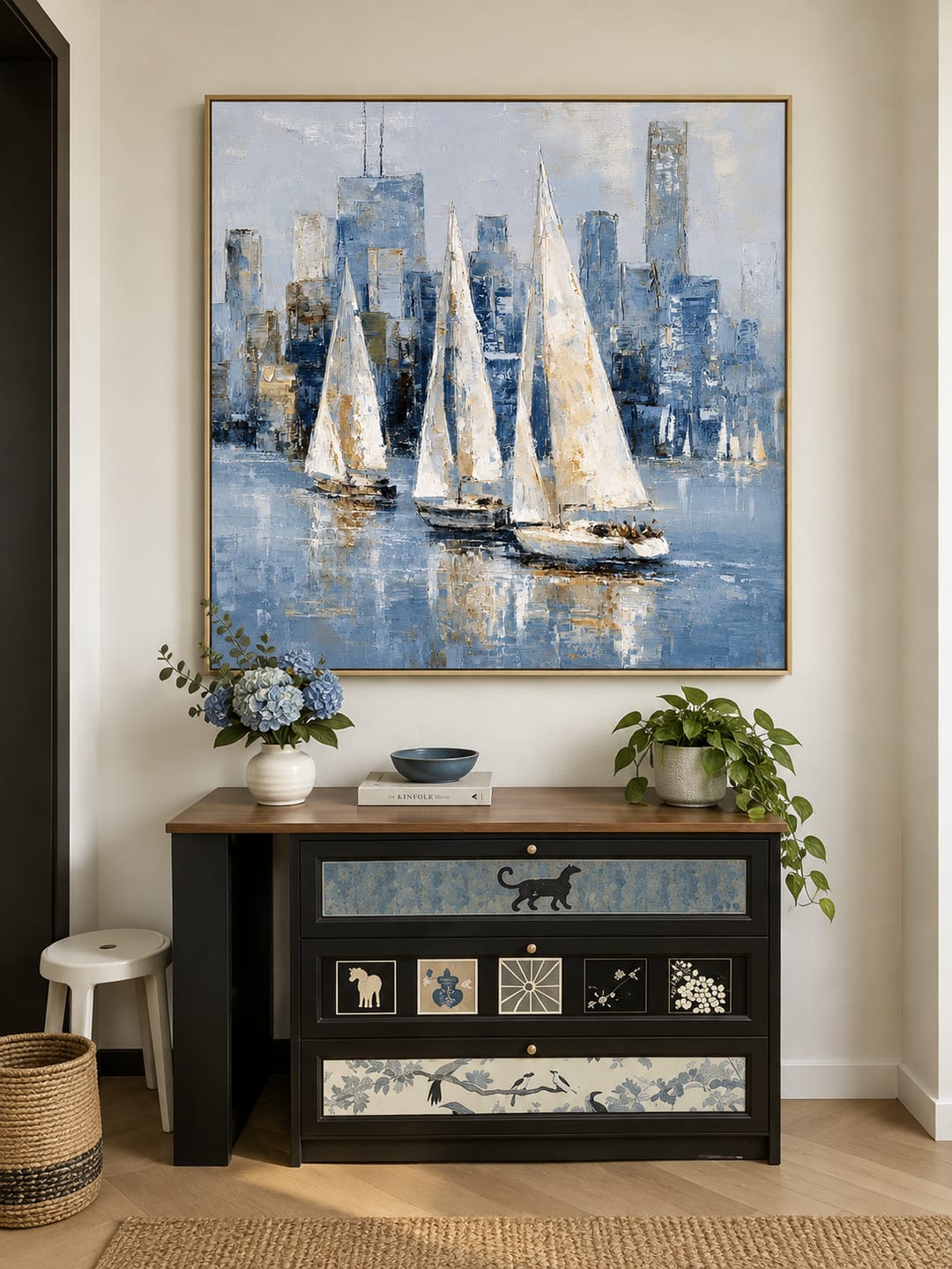 Customer photo review of "Sailing the Skyline" – Modern Impressionist Blue and Gold Sailboat Palette Knife Painting