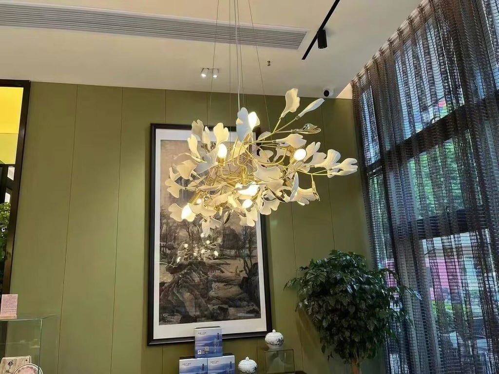 Customer photo review of Linear Chandelier, White Porcelain Ginkgo Leaves, Brass Branches, G9