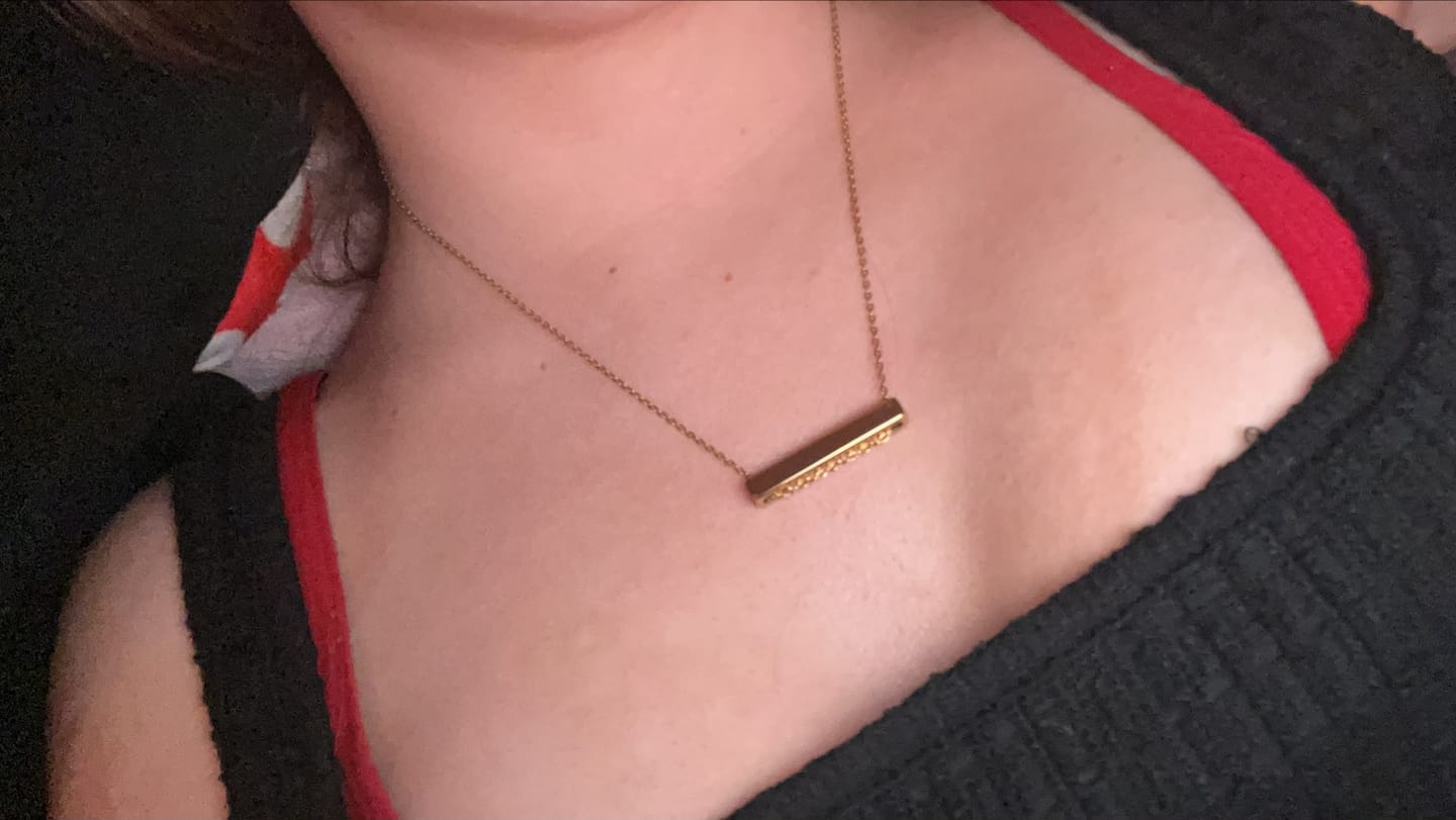 Customer photo review of 3cm Letter Bar Necklace in Gold Horizontal