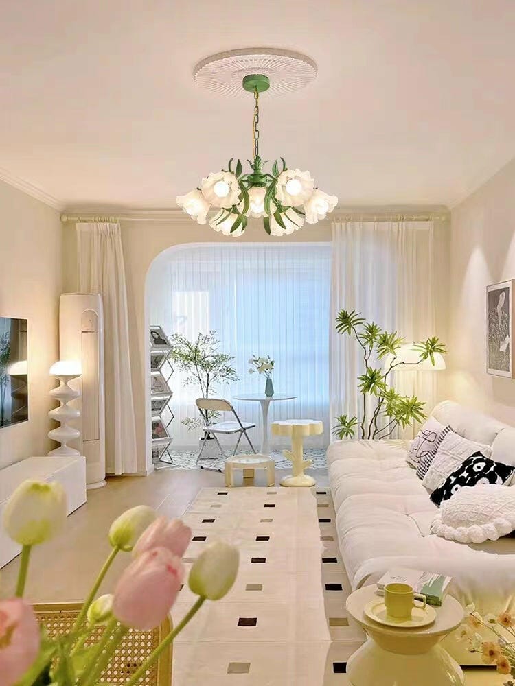 Customer photo review of Green Metal Bouquet Chandelier, White Shades, 32 cm Height