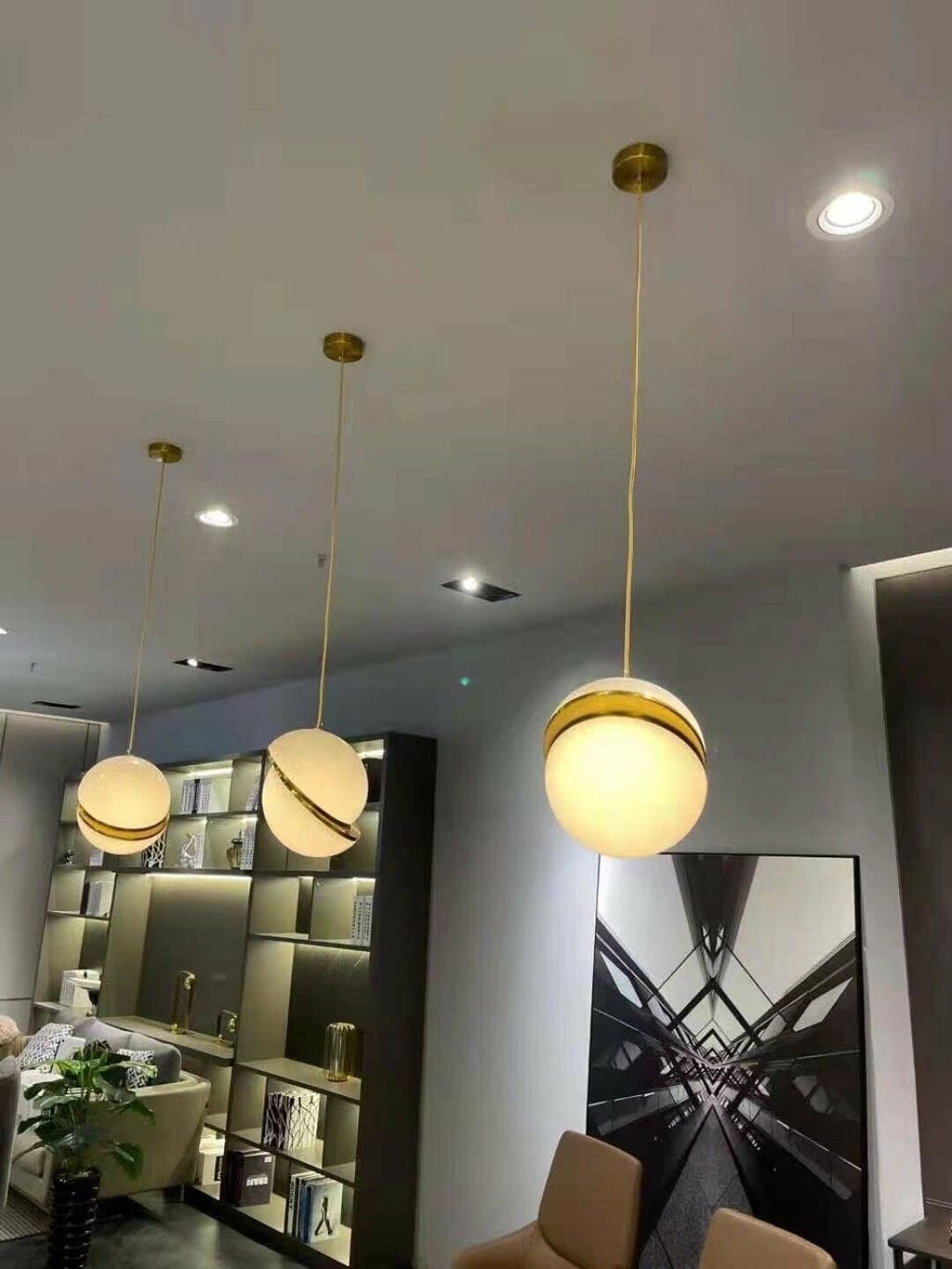 Customer photo review of Crescent Brass Pendant Light, Opal Acrylic Sphere, 20 to 40 cm