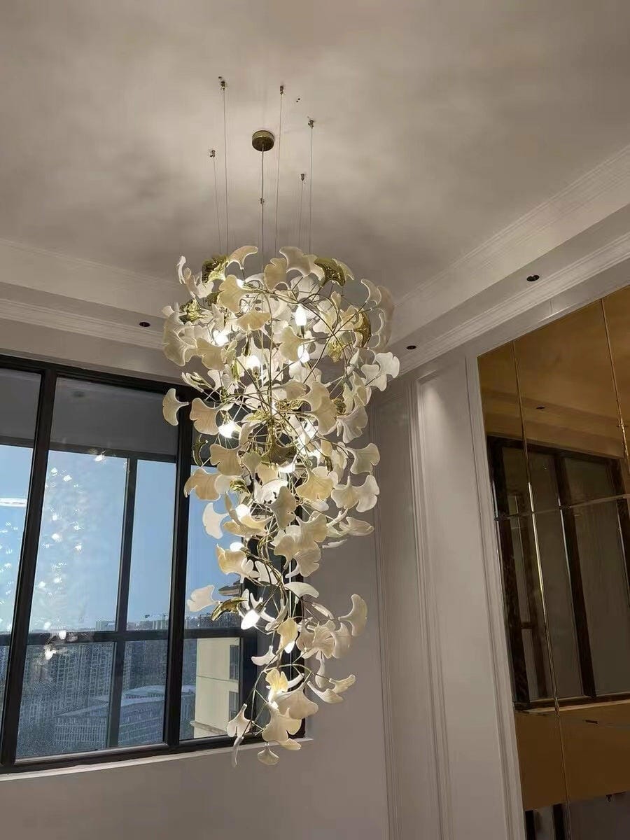 Customer photo review of Gingko Chandelier With Wrapped Porcelain Petals, Brass Column, 4 Sizes