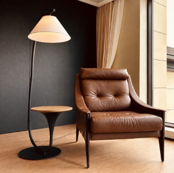 Customer photo review of Modern Foot Switch Fabric Cone Arc Floor Lamp with Wood Table