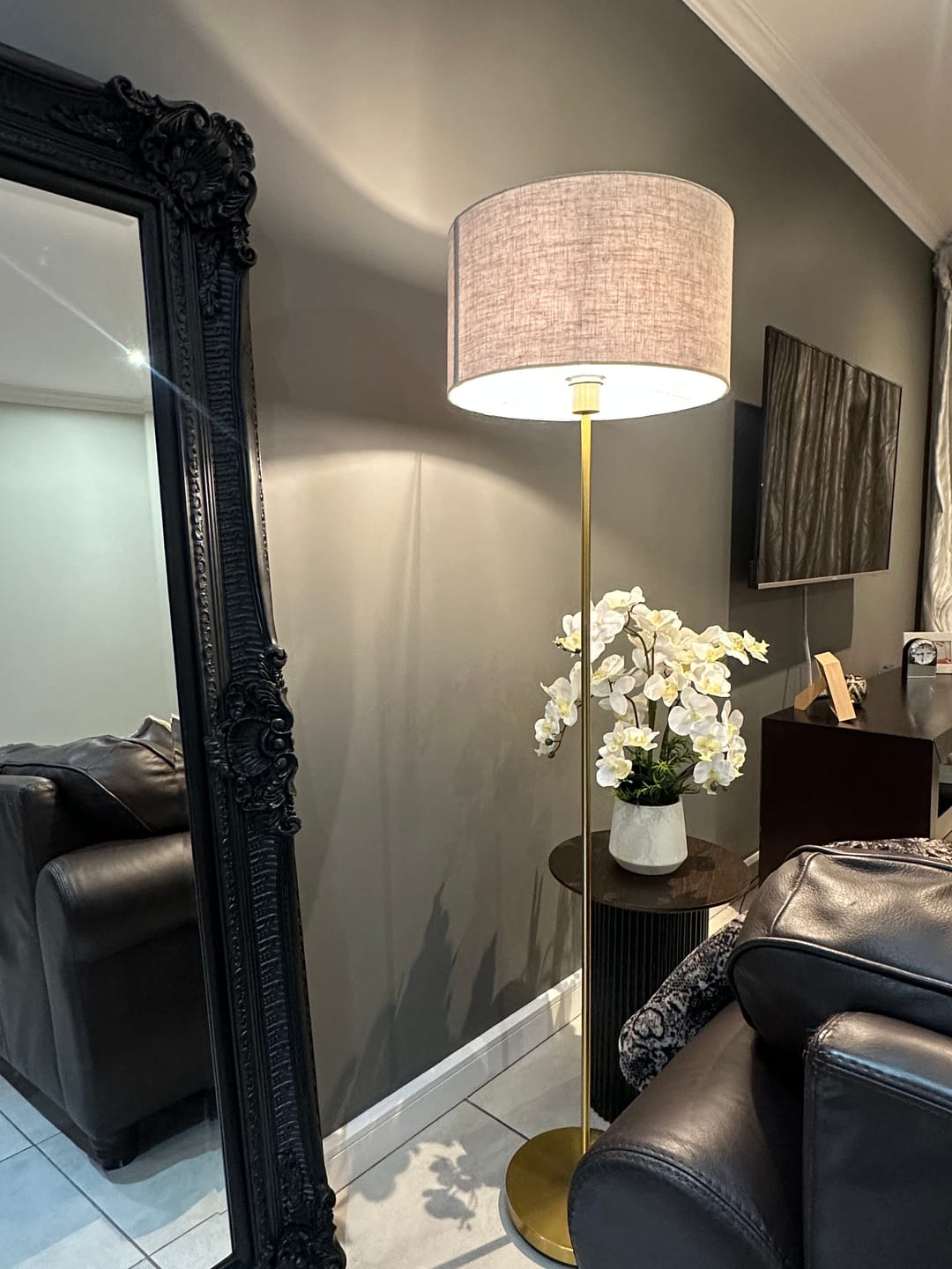 Customer photo review of Solana Brushed Gold Floor Lamp with Linen Shade