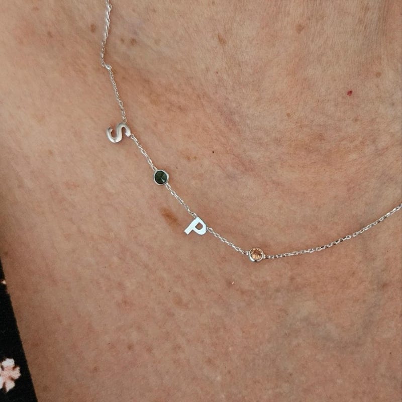 Customer photo review of 14K Gold Birthstone Letter Necklace