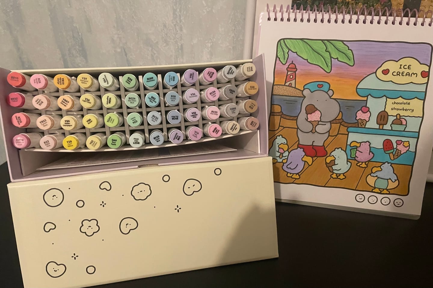 Customer photo review of Ohuhu x Coco Wyo Cozy Mood Coloring Kit, Honolulu B 48 Colors Alcohol Markers with Brush & Fine Dual Tips, Coloring Book with Mood Tracker Pages