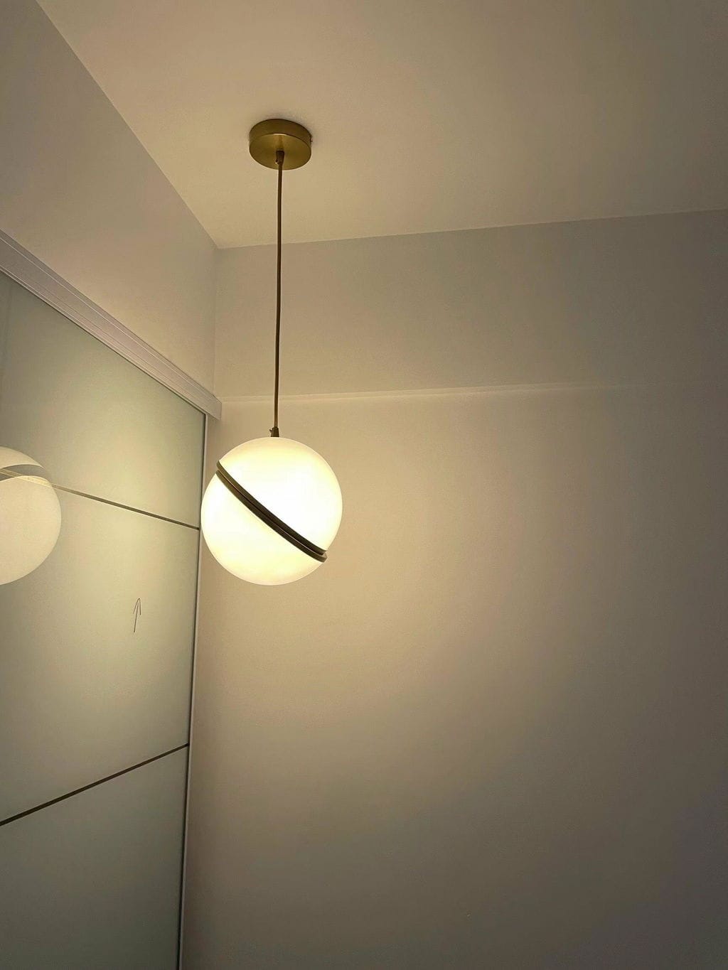 Customer photo review of Crescent Brass Pendant Light, Opal Acrylic Sphere, 20 to 40 cm