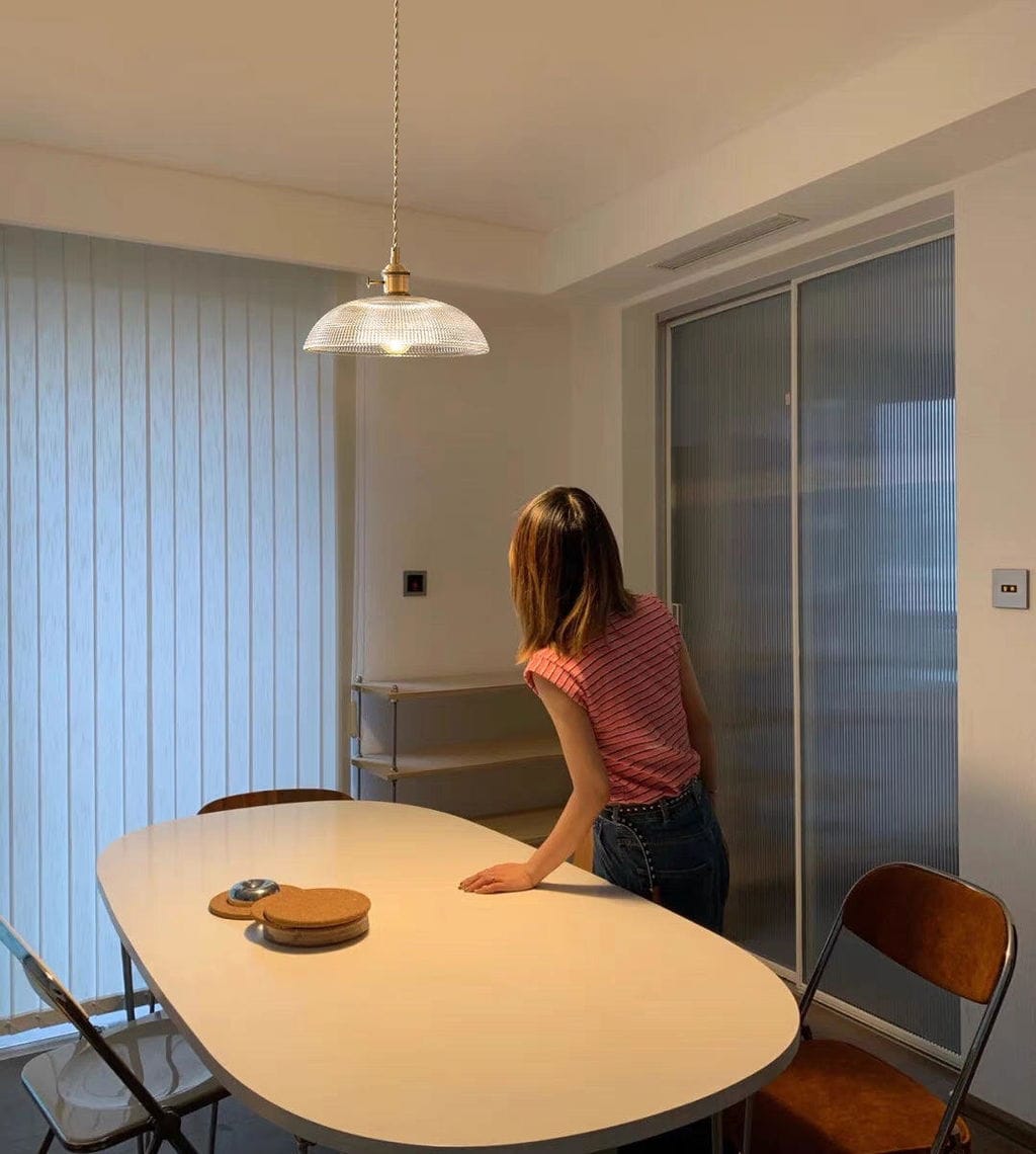 Customer photo review of Brass Pendant Light, Ribbed Glass Shade, 25 cm Wide