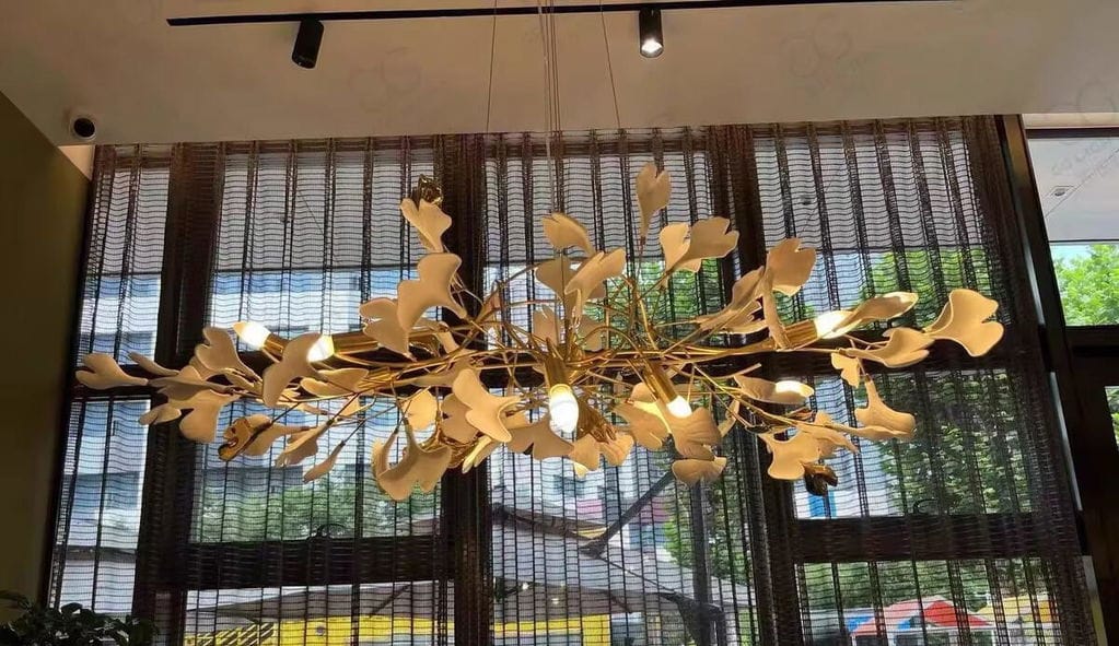 Customer photo review of Linear Chandelier, White Porcelain Ginkgo Leaves, Brass Branches, G9
