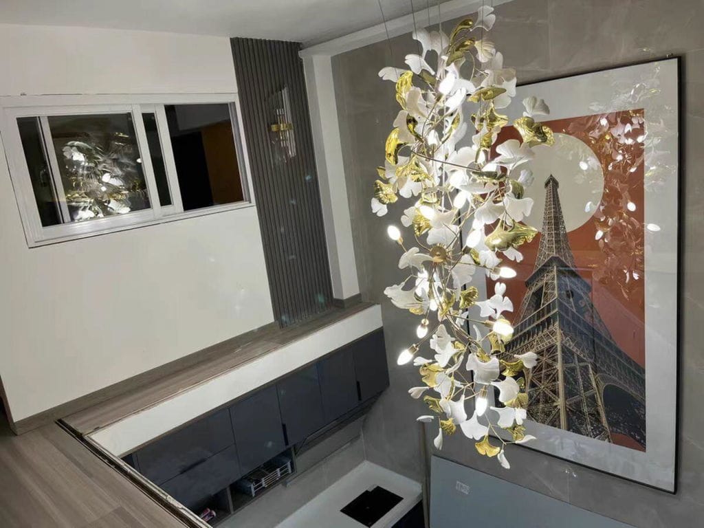 Customer photo review of Gingko Chandelier With Wrapped Porcelain Petals, Brass Column, 4 Sizes