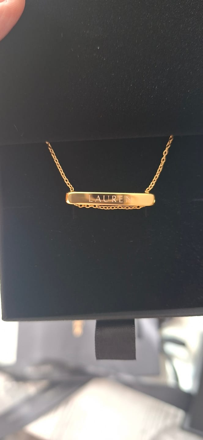 Customer photo review of 3cm Letter Bar Necklace in Gold Horizontal
