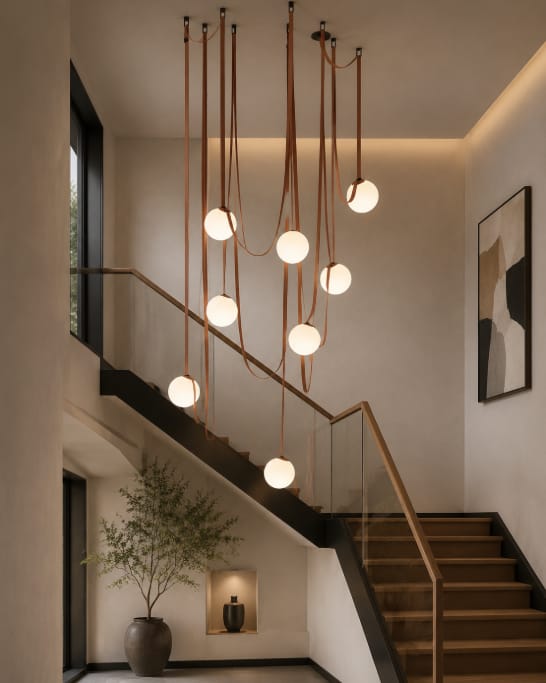 Customer photo review of Multiple Belt Art Pendant Light, Leather or Canvas Glass Globe Chandelier