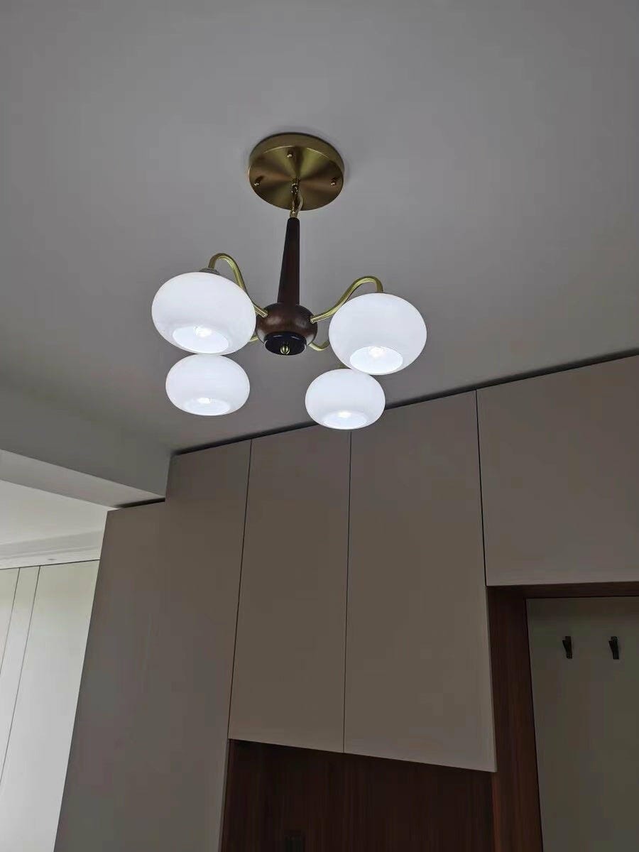 Customer photo review of Walnut Chandelier, Cream Glass Shades on Brass Arms, 3 to 6 Lights