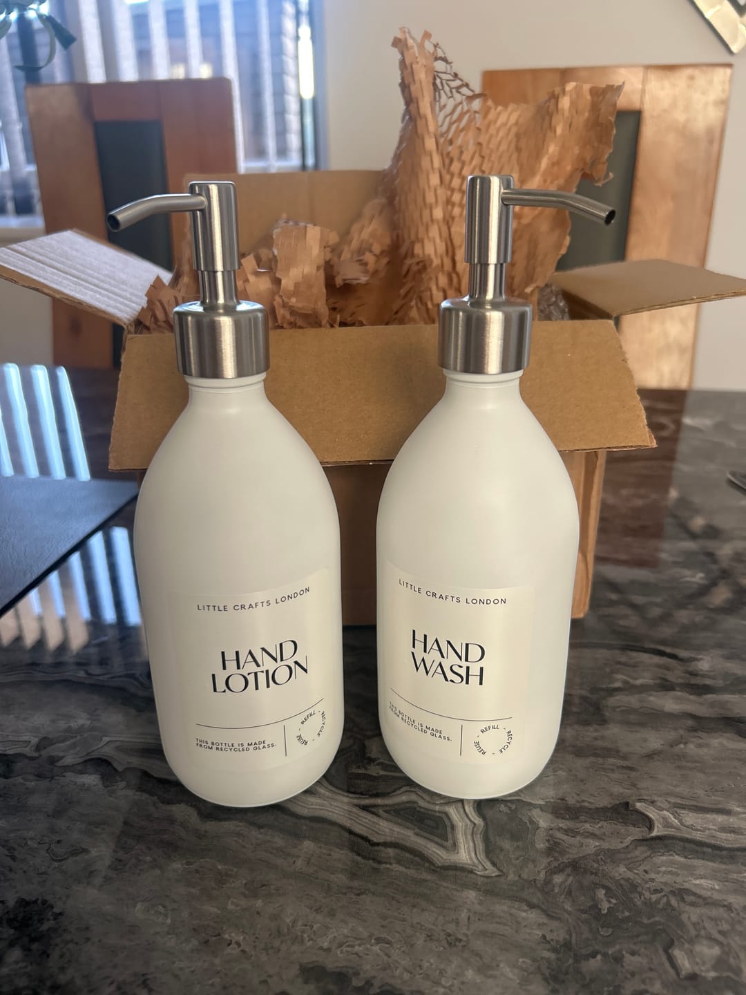 Customer photo review of Milky White 500ml Glass Bottle with Metal Pump Black Label