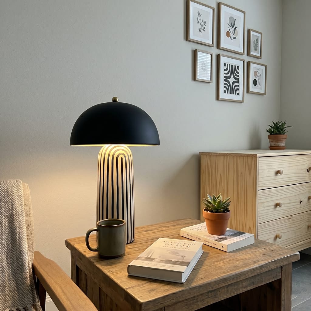 Customer photo review of Ceramic Table Lamp, Black and White Stripes, Matte Black Shade