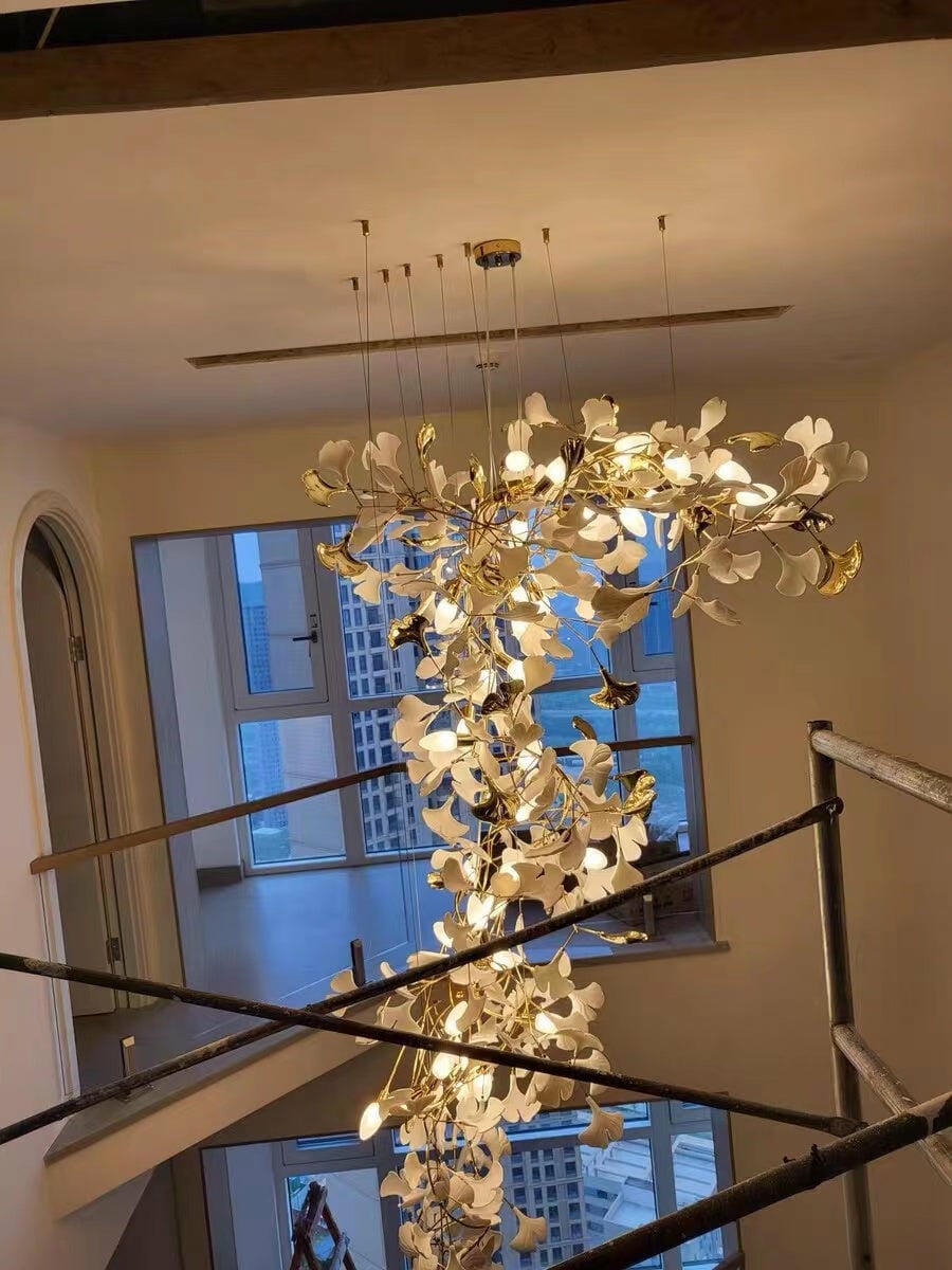 Customer photo review of Gingko Chandelier With Wrapped Porcelain Petals, Brass Column, 4 Sizes