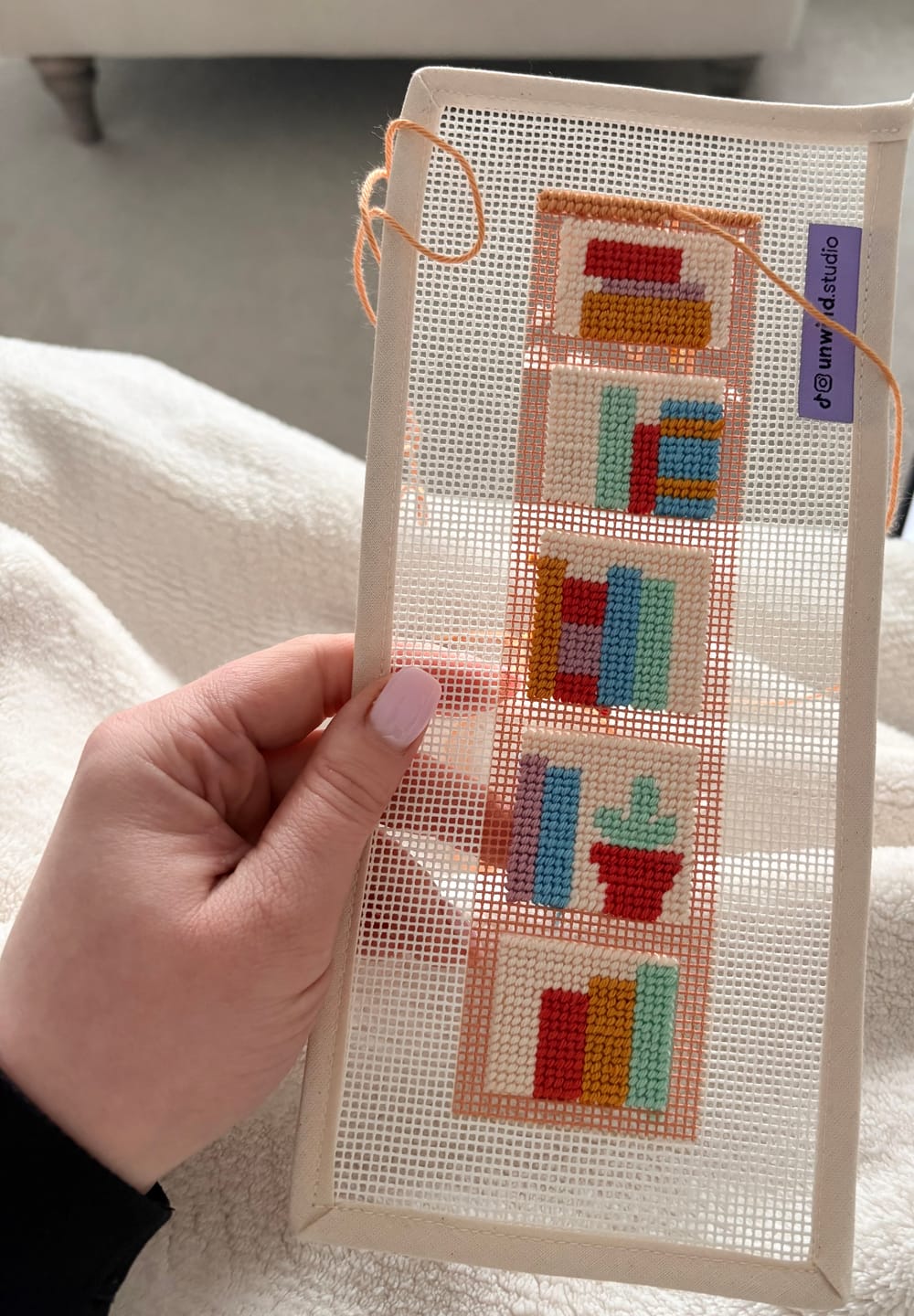 Customer photo review of Bookshelf Wealth Bookmark Needlepoint Kit