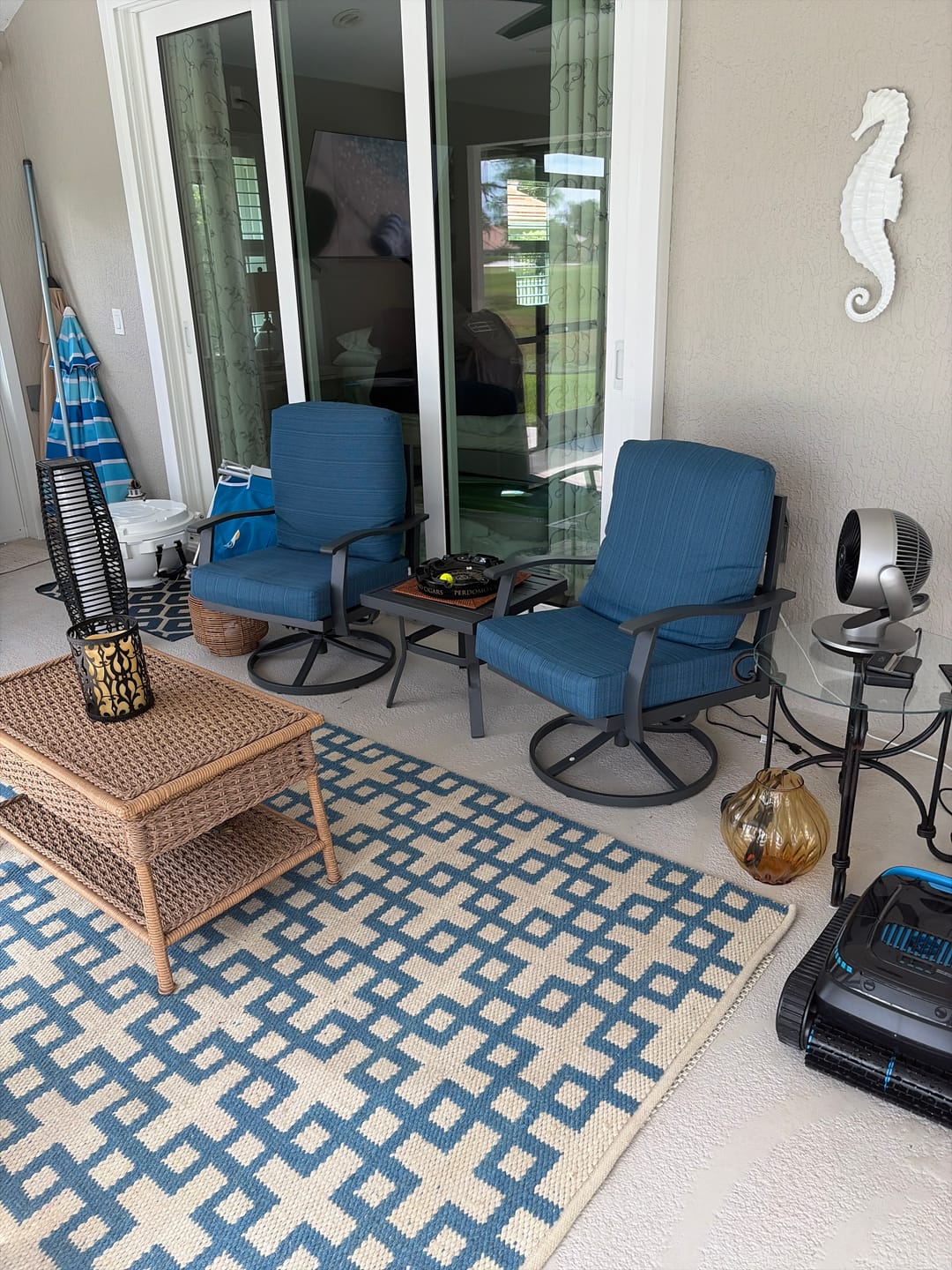 Customer photo review of HOMREST Outdoor Swivel Rocker Patio Chairs with Coffee Table, 3 PCS Bistro Set, Blue
