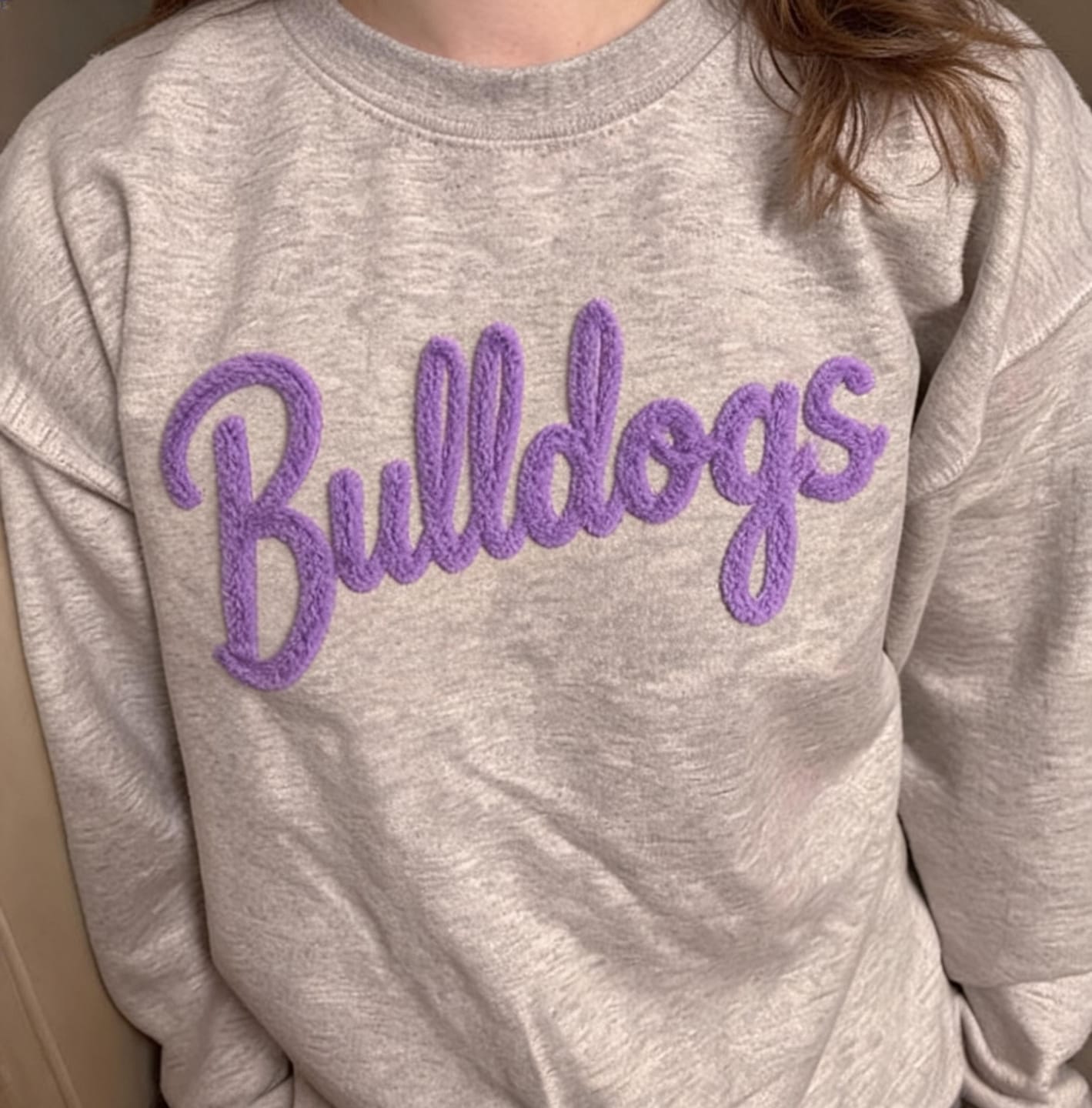 Customer photo review of Custom College Chenille Team Name Embroidered Sweatshirt | Gifts for Sports Mom