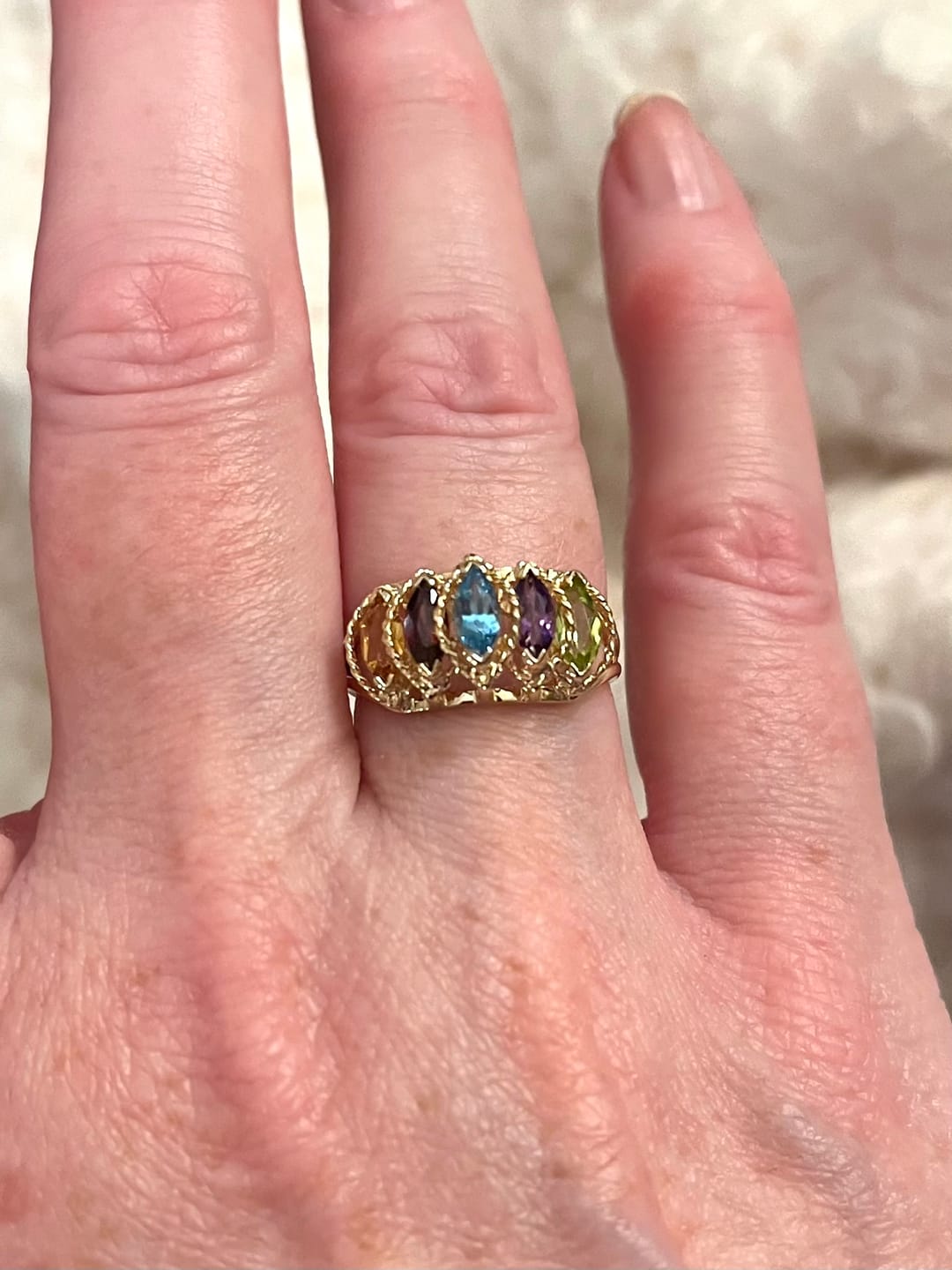 Customer photo review of Vintage 14k Yellow Gold Multistone Rainbow Marquise Step Ring 6.75