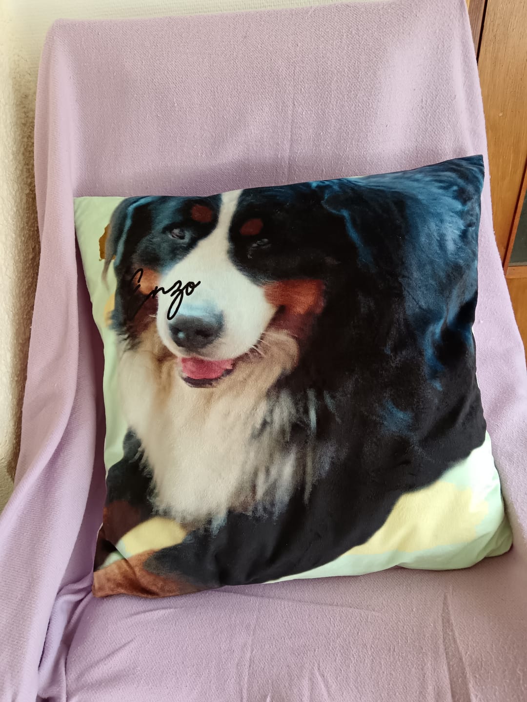 Customer photo review of Photo avec rayures aquarelles - Coussin personnalisé
