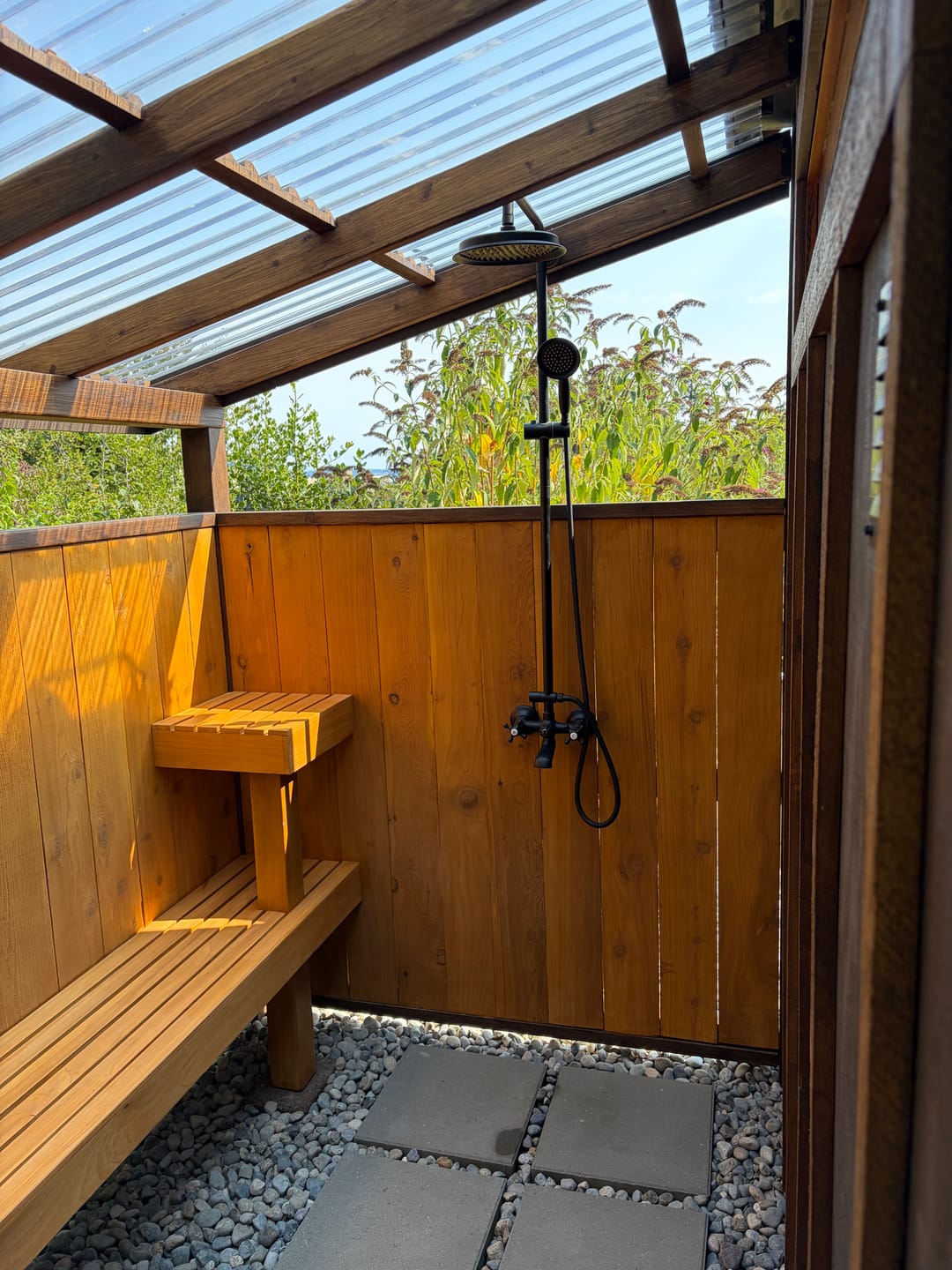 Customer photo review of 3-Function Antique Brass Outdoor Shower with Rainfall Head, Handheld Sprayer & Lower Spout