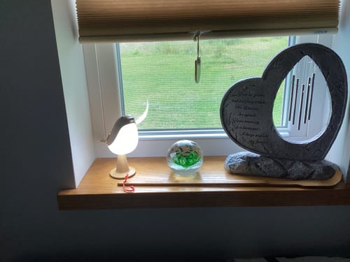 Reviewer's Glow Bird lamp glowing brightly on a window sill next to a decorative heart ornament.
