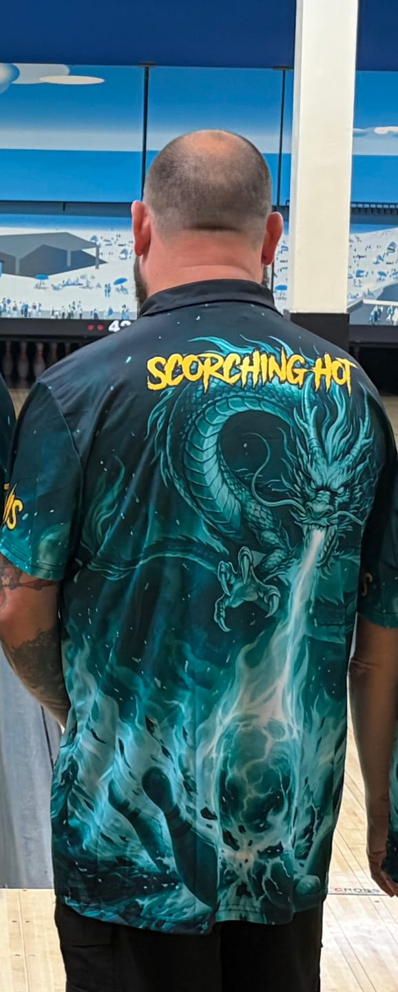 Customer photo review of (4 colors) Frenzidea Imperial Dragon Fire Strike Bowling Customized Name, Team Name 3D Shirt