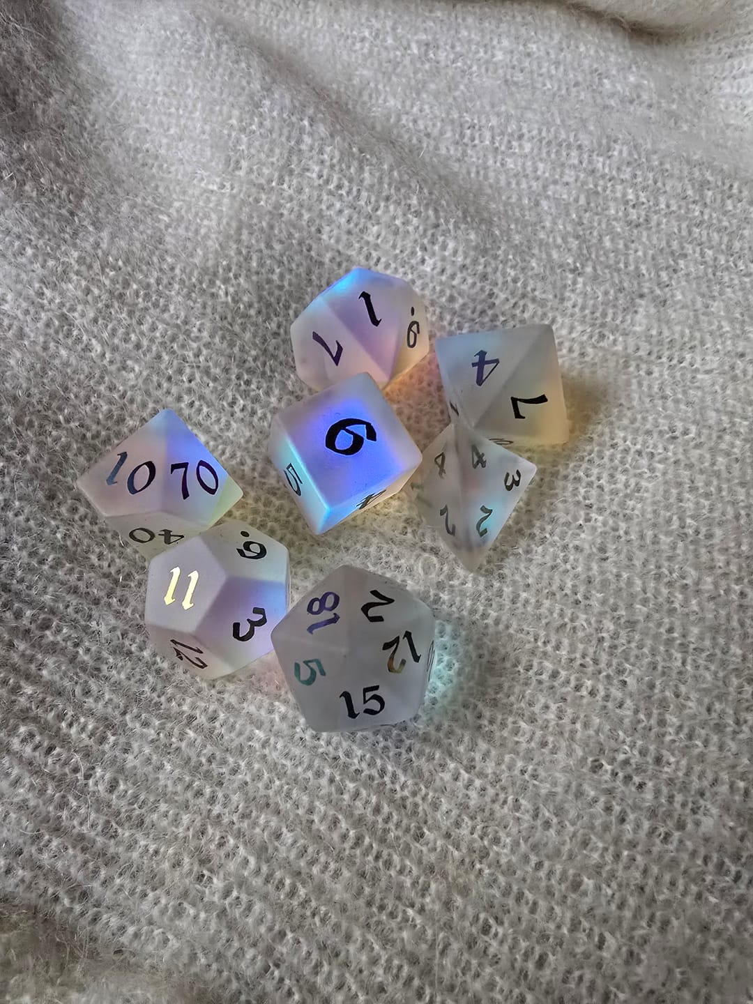 Customer photo review of Gemstone (Inked) Raised Dichroic Glass DND Dice Set