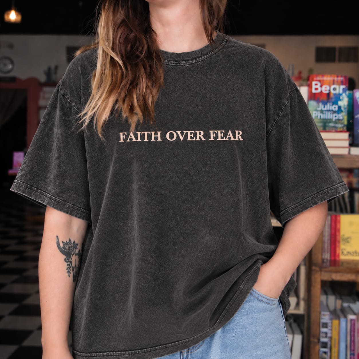 Customer photo review of Faith Over Fear Oversized Christian Graphic Tee