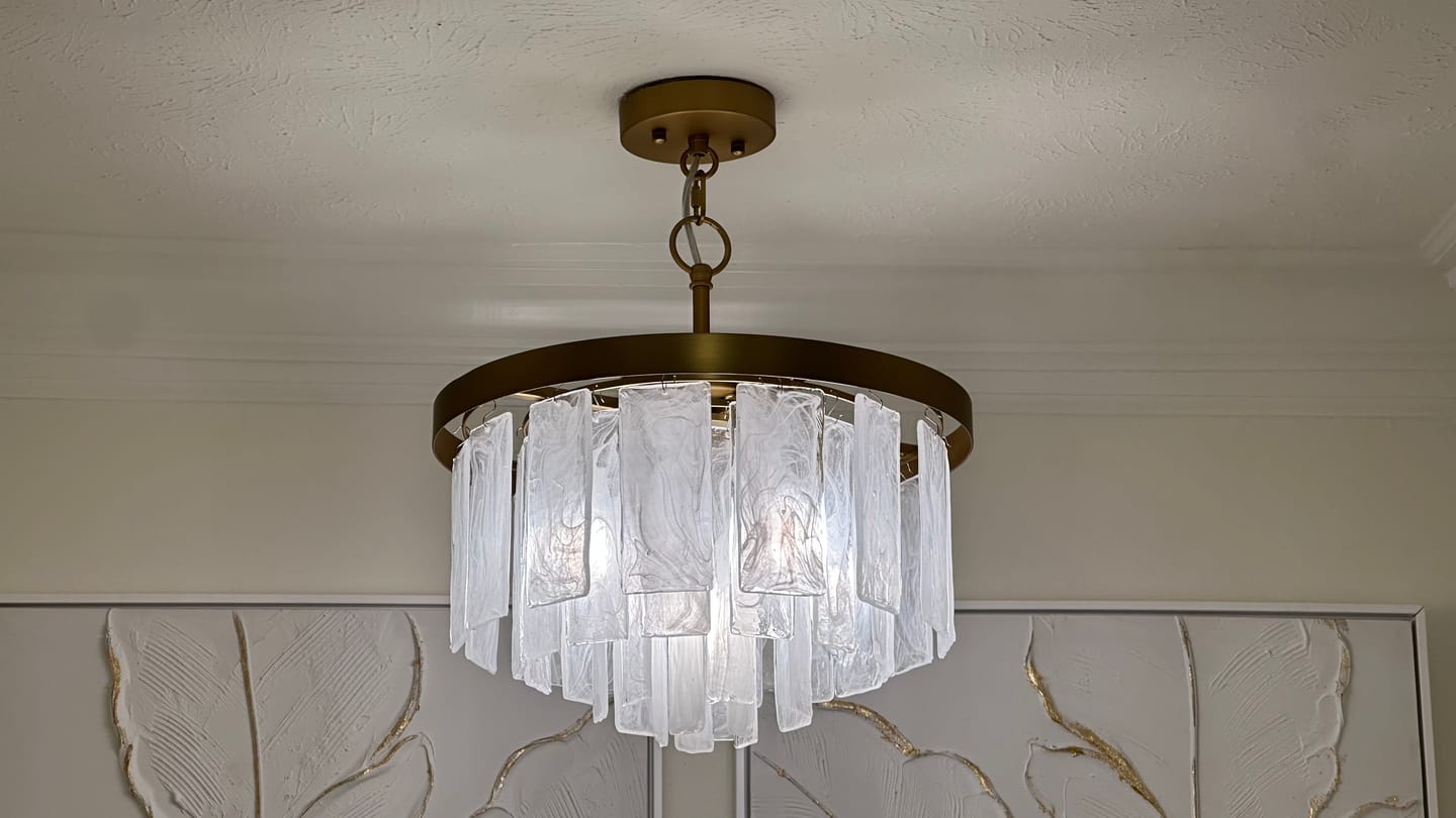 Customer photo review of Tiered Opal Swirl Glass Round Semi Flush Mount Chandelier