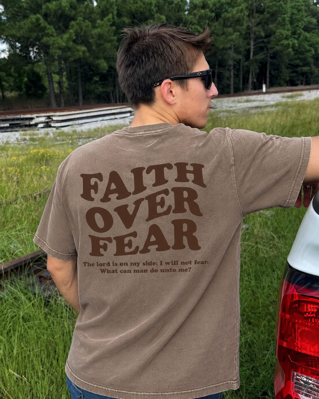 Customer photo review of Faith Over Fear Oversized Christian Graphic Tee