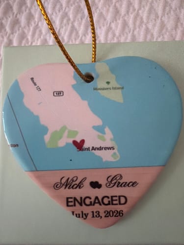 Customer photo review of Engagement Ornament - Custom Map & Photo Gift Heart-shaped Ceramic Ornament