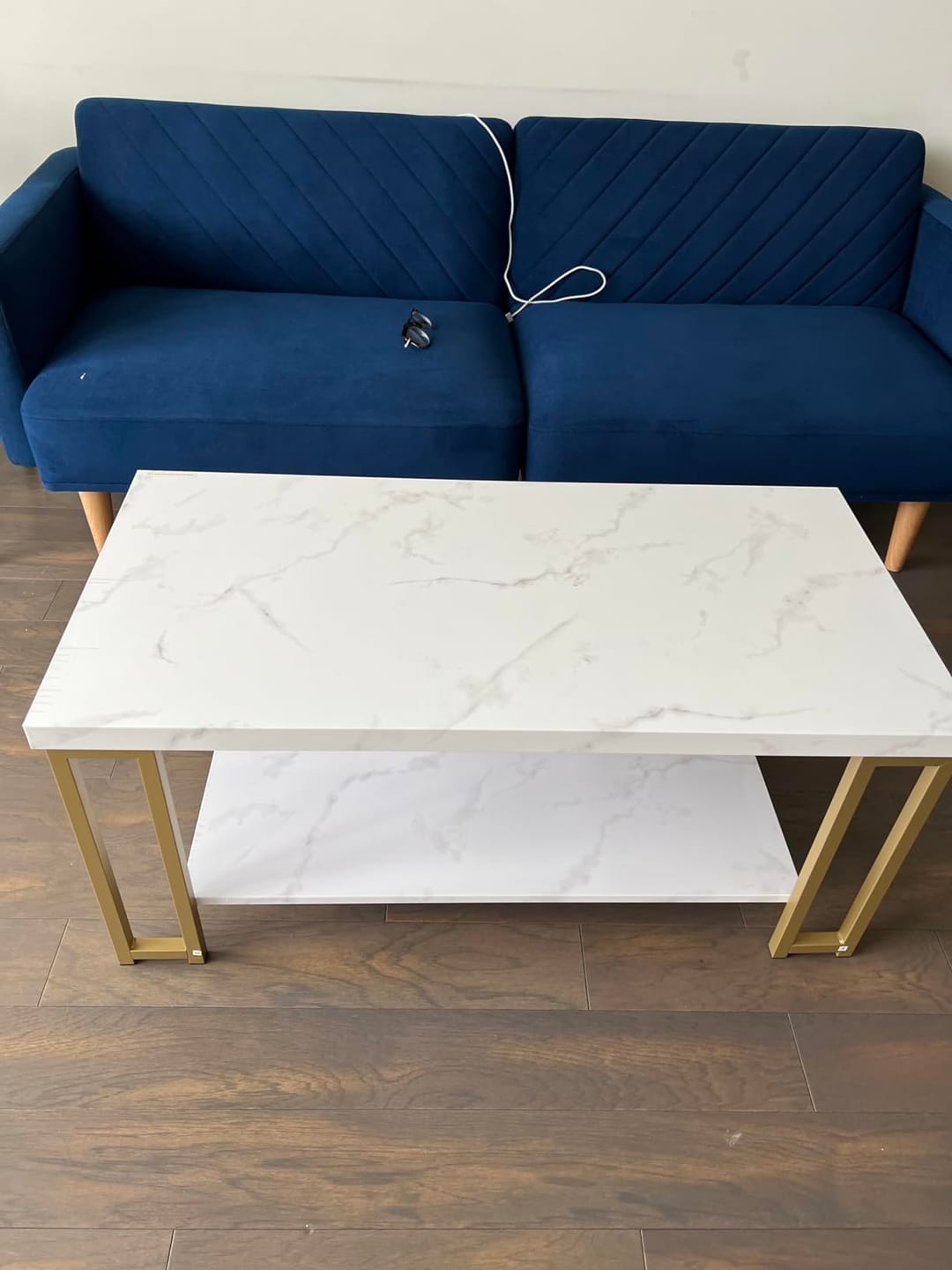 Customer photo review of 2-Tier Coffee Table with Storage, 39.5" Center Table, Gold & White