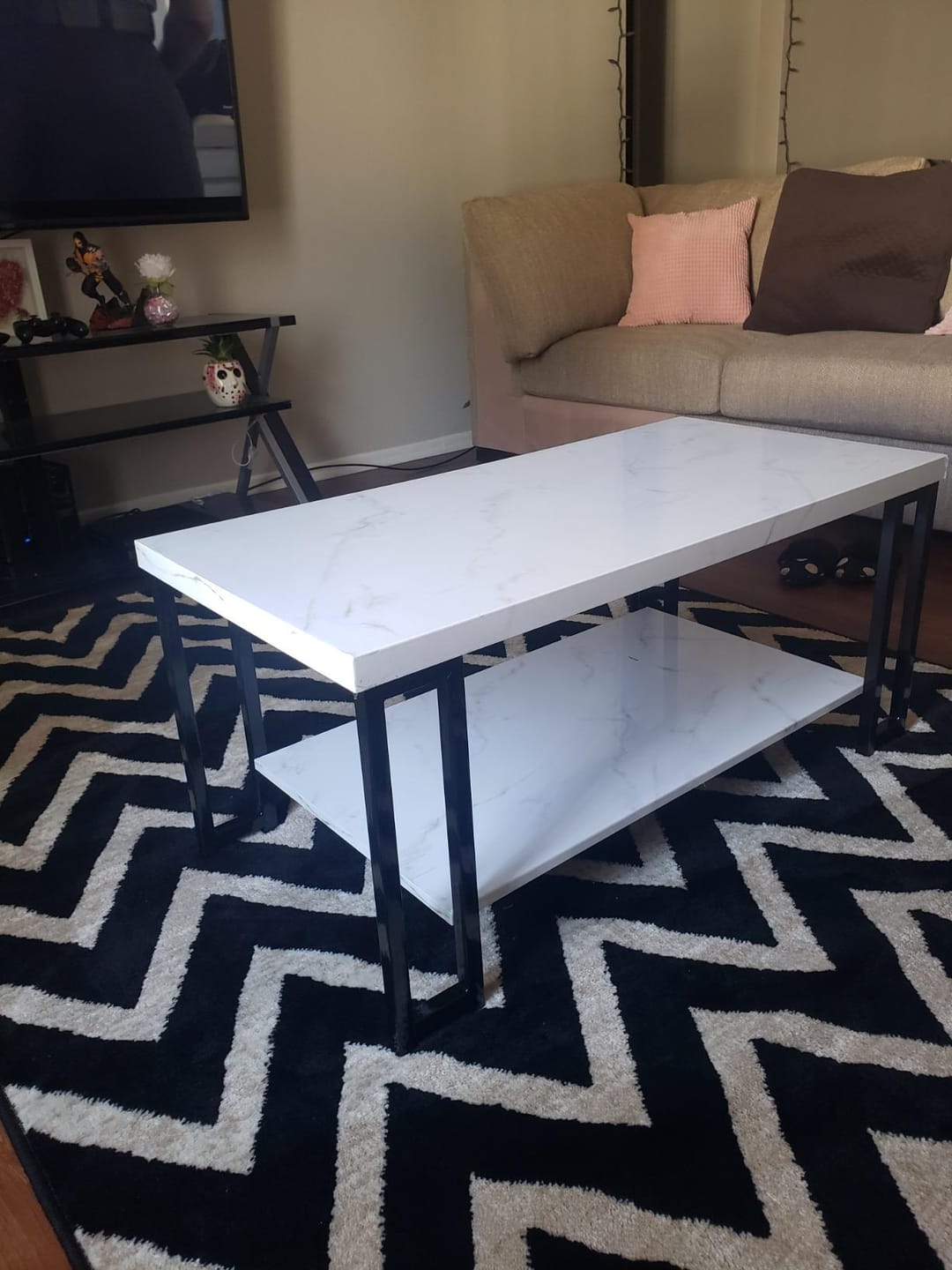 Customer photo review of 2-Tier Coffee Table with Storage, 39.5" Center Table, Gold & White
